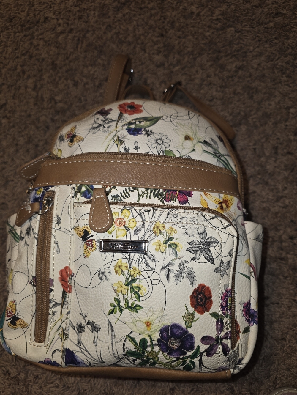 Floral Mini Backpack with Brown Trim - Cream Floral Accent